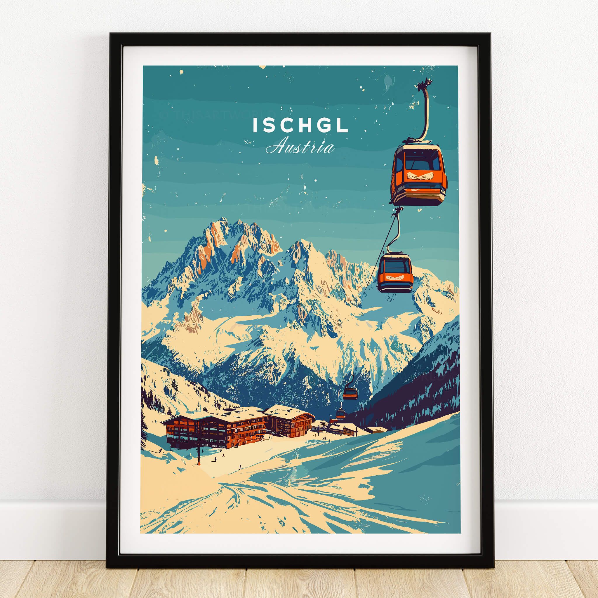 Ischgl Ski Print featuring a beautiful mountain landscape and ski lifts in Austria.