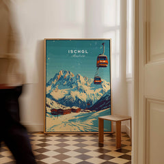 Ischgl Ski Print featuring a stunning view of Austria's snow-covered mountains and a ski lift, ideal for travel enthusiasts.