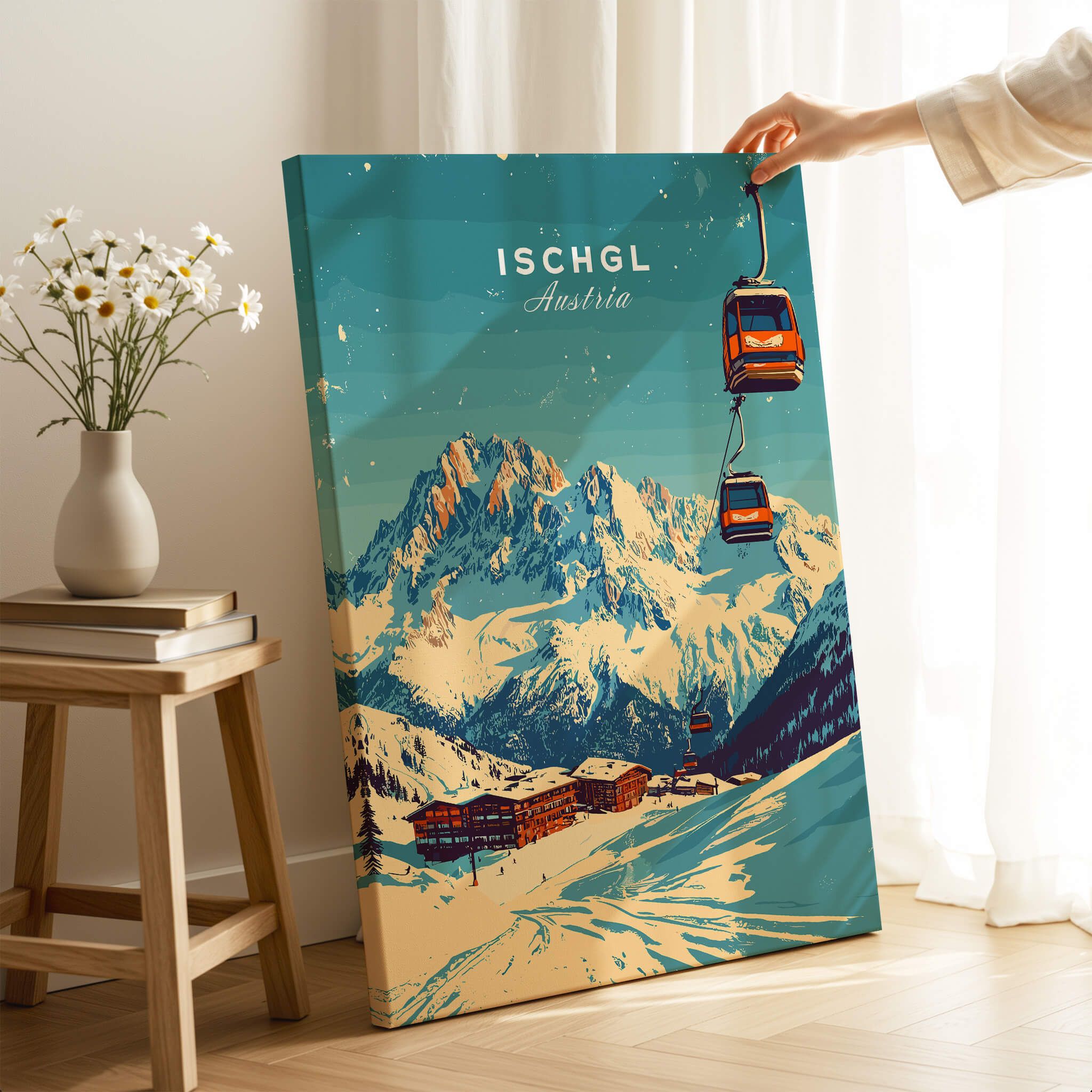 Ischgl Ski Print showcasing a stylized illustration of Ischgl, Austria with ski gondolas and mountains.