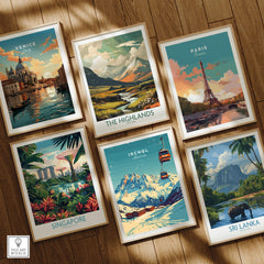 Collection of travel prints including Ischgl Ski Print and scenic views from Venice, Paris, Singapore, The Highlands, and Sri Lanka.