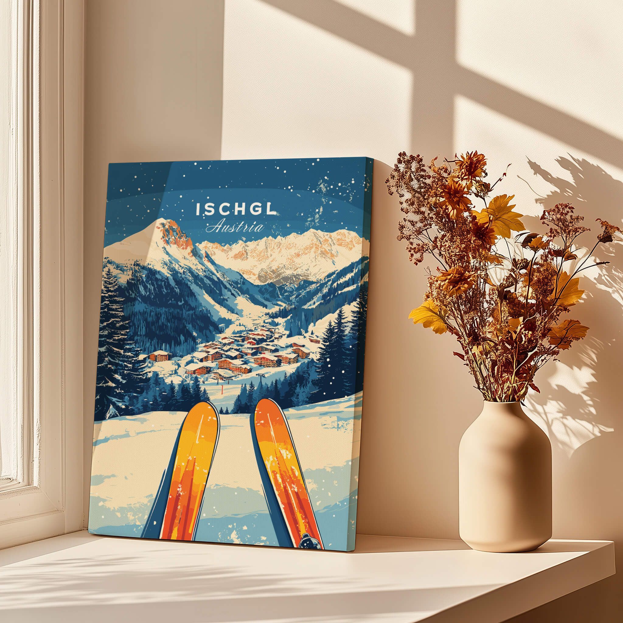 Ischgl Ski Wall Art Print showcasing a stunning mountain landscape and skiers in action for home decor.