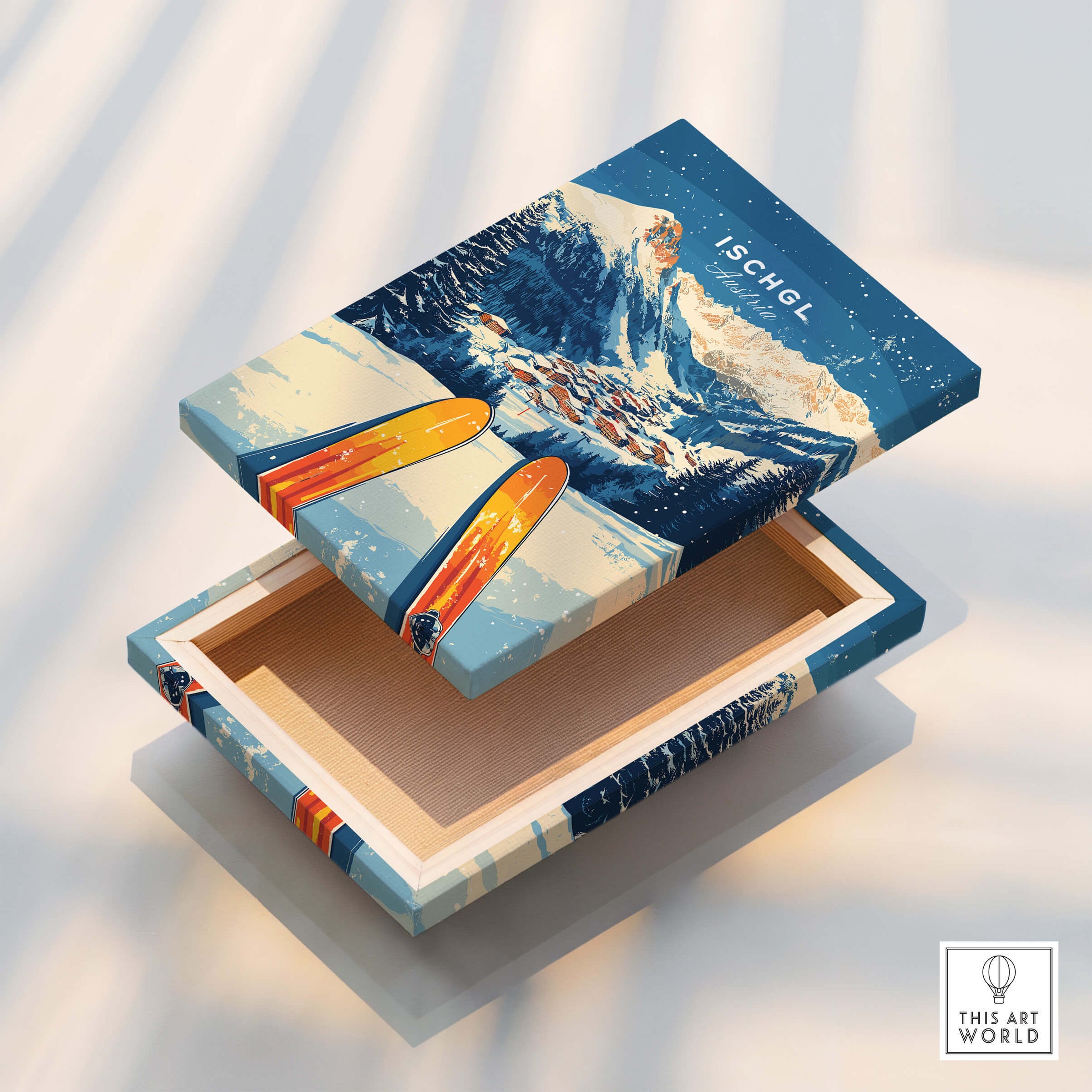 Ischgl Ski Wall Art Print decorative box featuring mountain landscape and ski design.