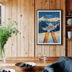 Ischgl Ski Wall Art Print showcasing a snowy mountain landscape with skis and skiing action, perfect for home decor.