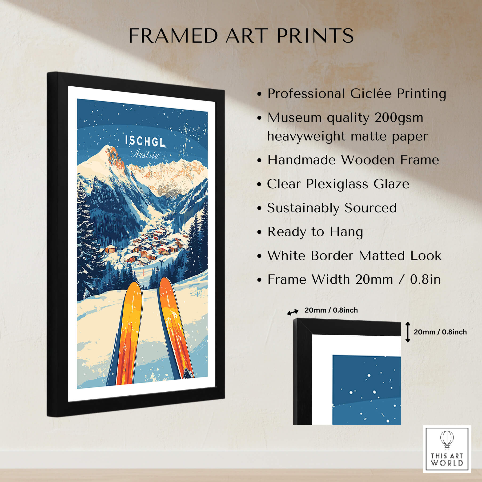 Ischgl Ski Wall Art Print featuring skiing and mountain landscape, framed with professional Giclée printing.