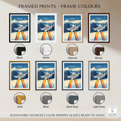 Ischgl Ski Wall Art Print available in various frame colors including black, white, natural, brown, gold, silver, dark grey, light grey.