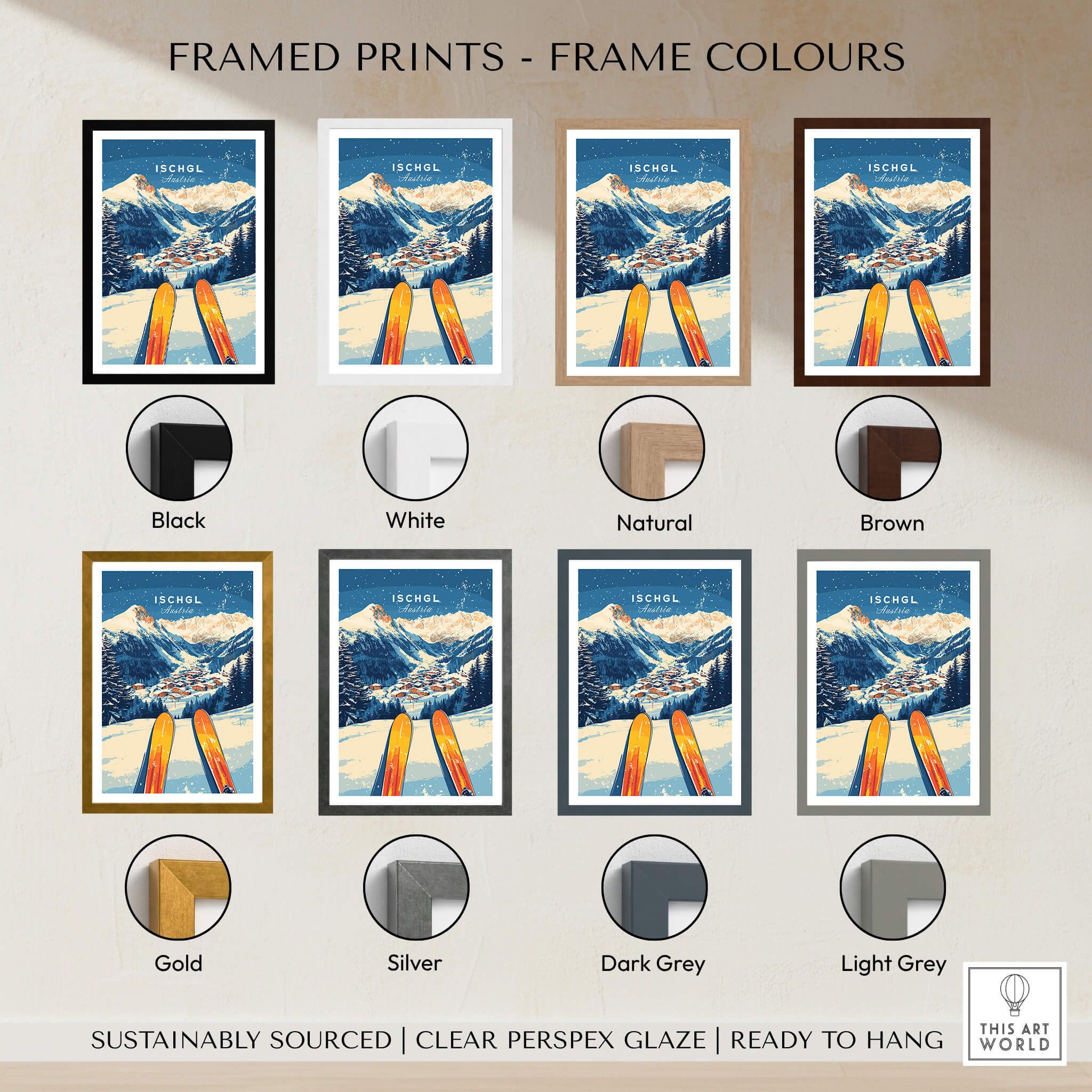 Ischgl Ski Wall Art Print available in various frame colors including black, white, natural, brown, gold, silver, dark grey, light grey.