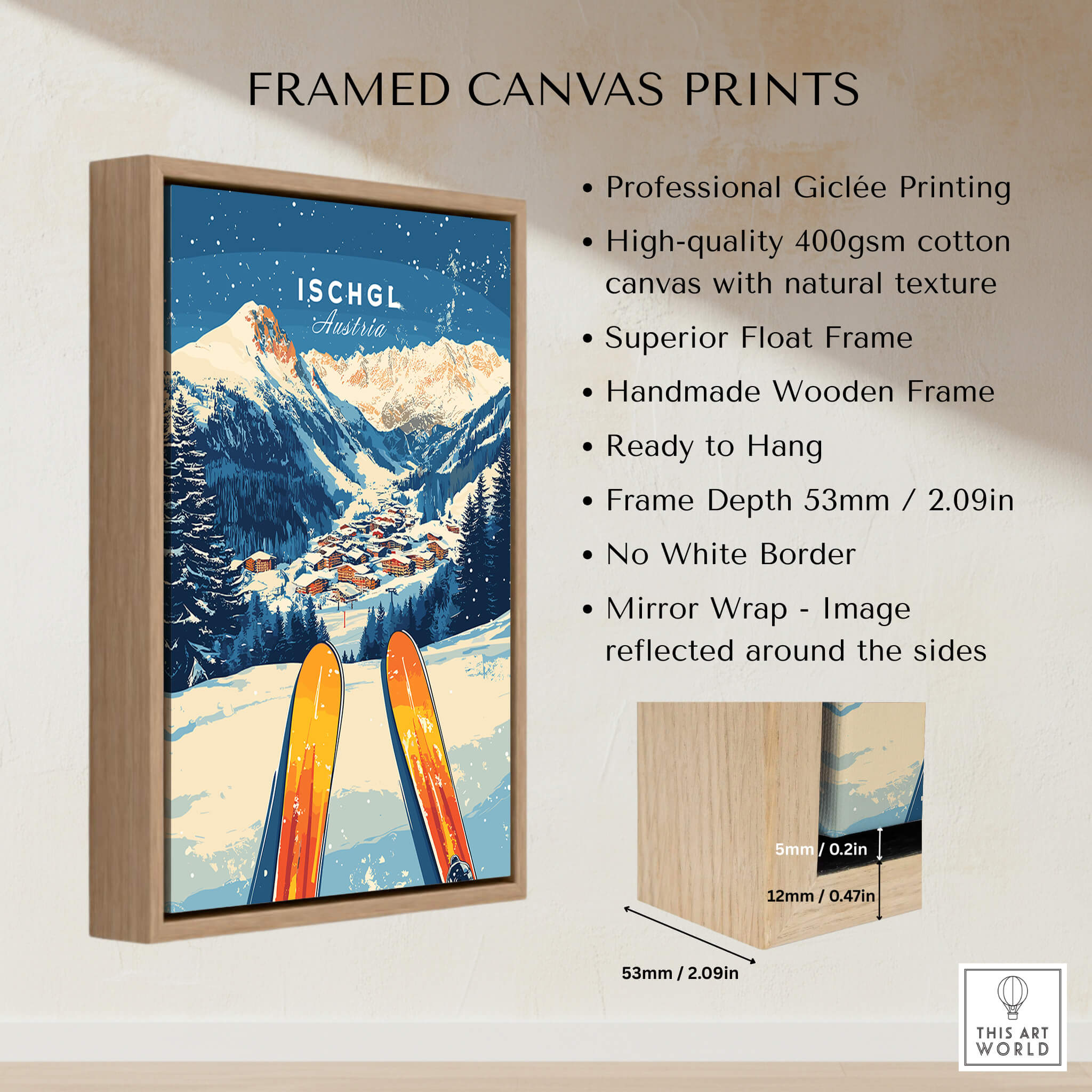 Ischgl Ski Wall Art Print showcasing a stunning mountain landscape and skiers, perfect for ski enthusiasts.