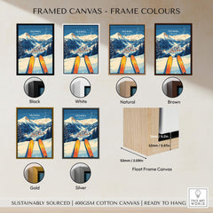 Ischgl Ski Wall Art Print framed in various colors including black, white, natural, brown, gold, and silver.