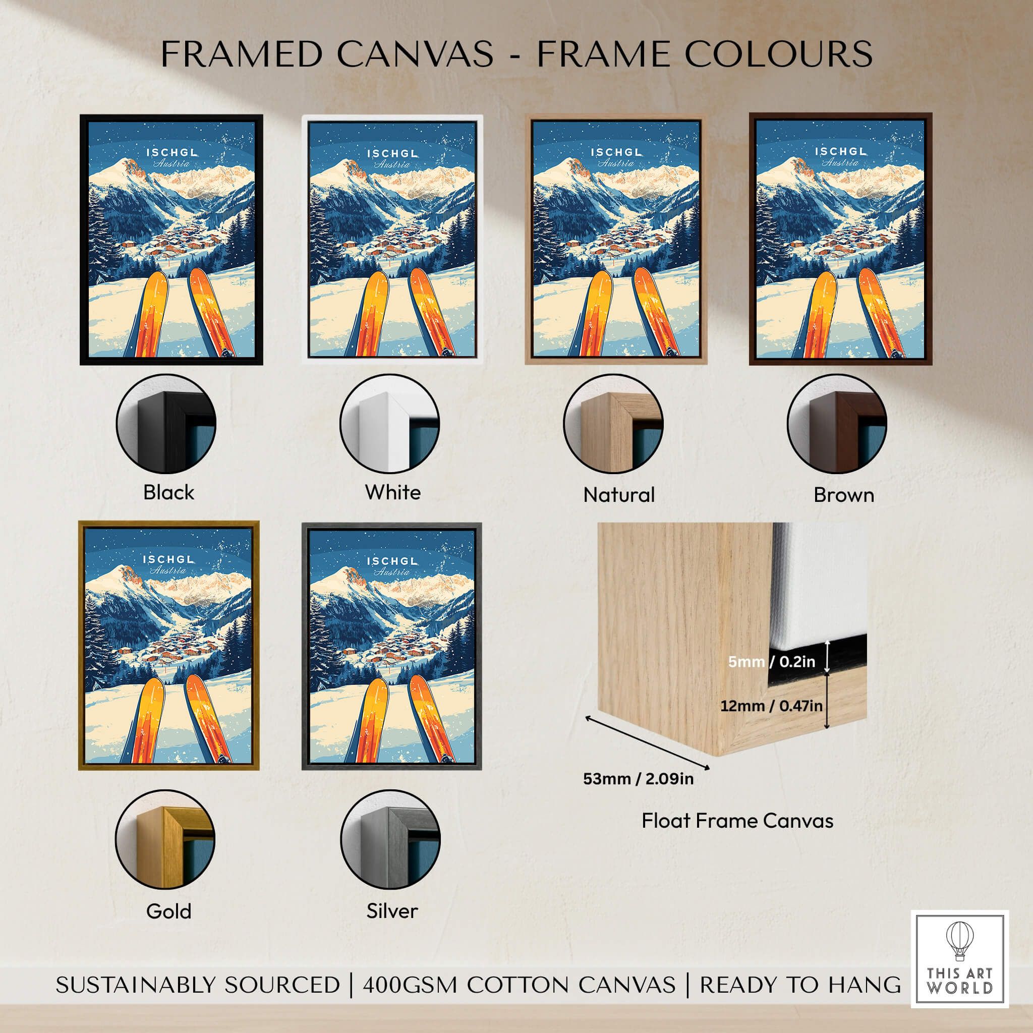 Ischgl Ski Wall Art Print framed in various colors including black, white, natural, brown, gold, and silver.