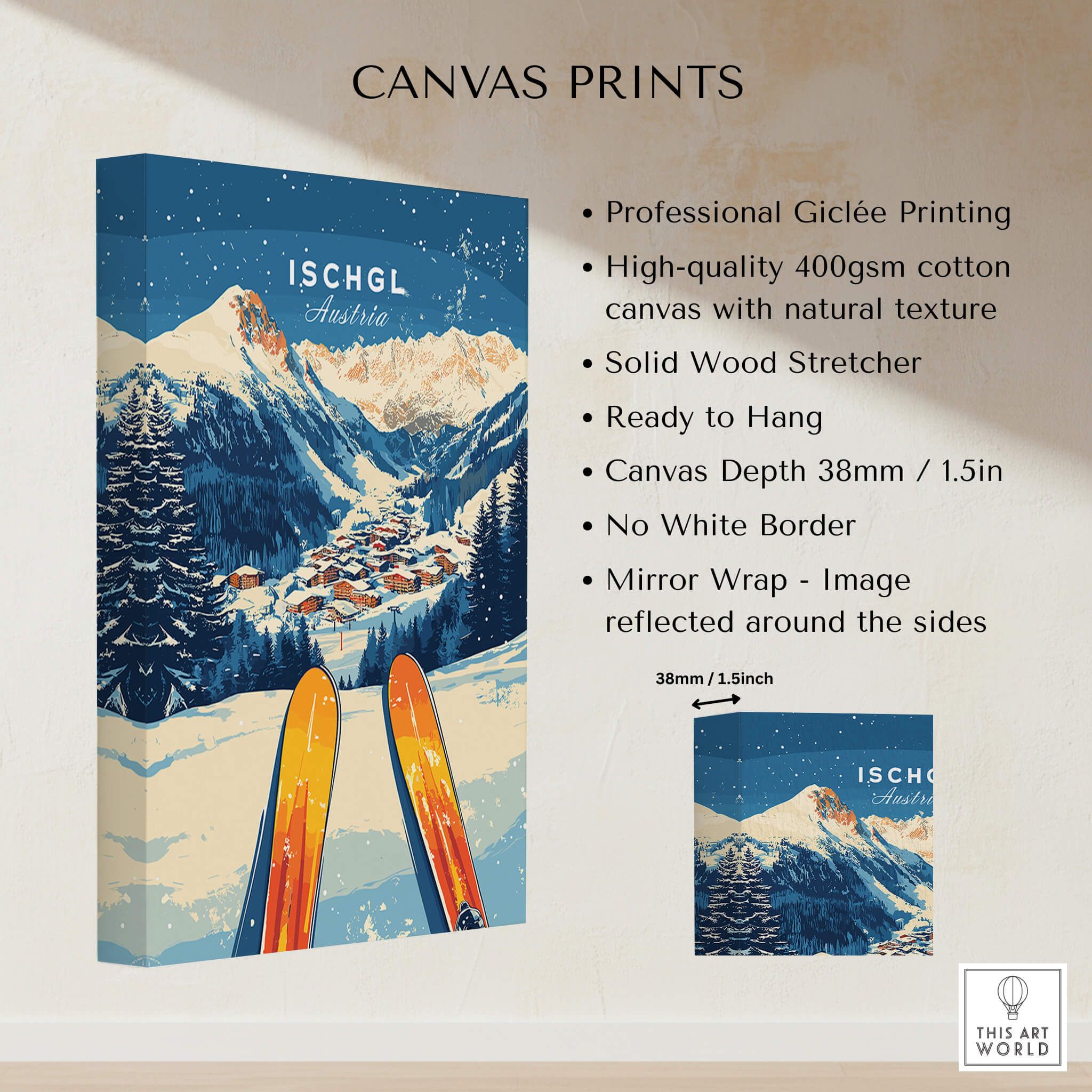 Ischgl Ski Wall Art Print featuring a mountain landscape and skiers, perfect for home decor.
