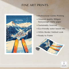 Ischgl Ski Wall Art Print featuring skiers, mountains, and vibrant colors for home decor.