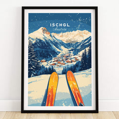 Ischgl Ski Wall Art Print showcasing a vibrant mountain landscape with skiers, perfect for ski enthusiasts.
