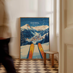 Ischgl Ski Wall Art Print featuring a vibrant mountain landscape and skis, perfect for ski enthusiasts.