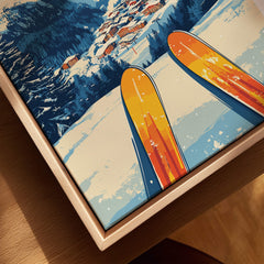 Ischgl Ski Wall Art Print featuring vibrant skis and a scenic mountain backdrop.