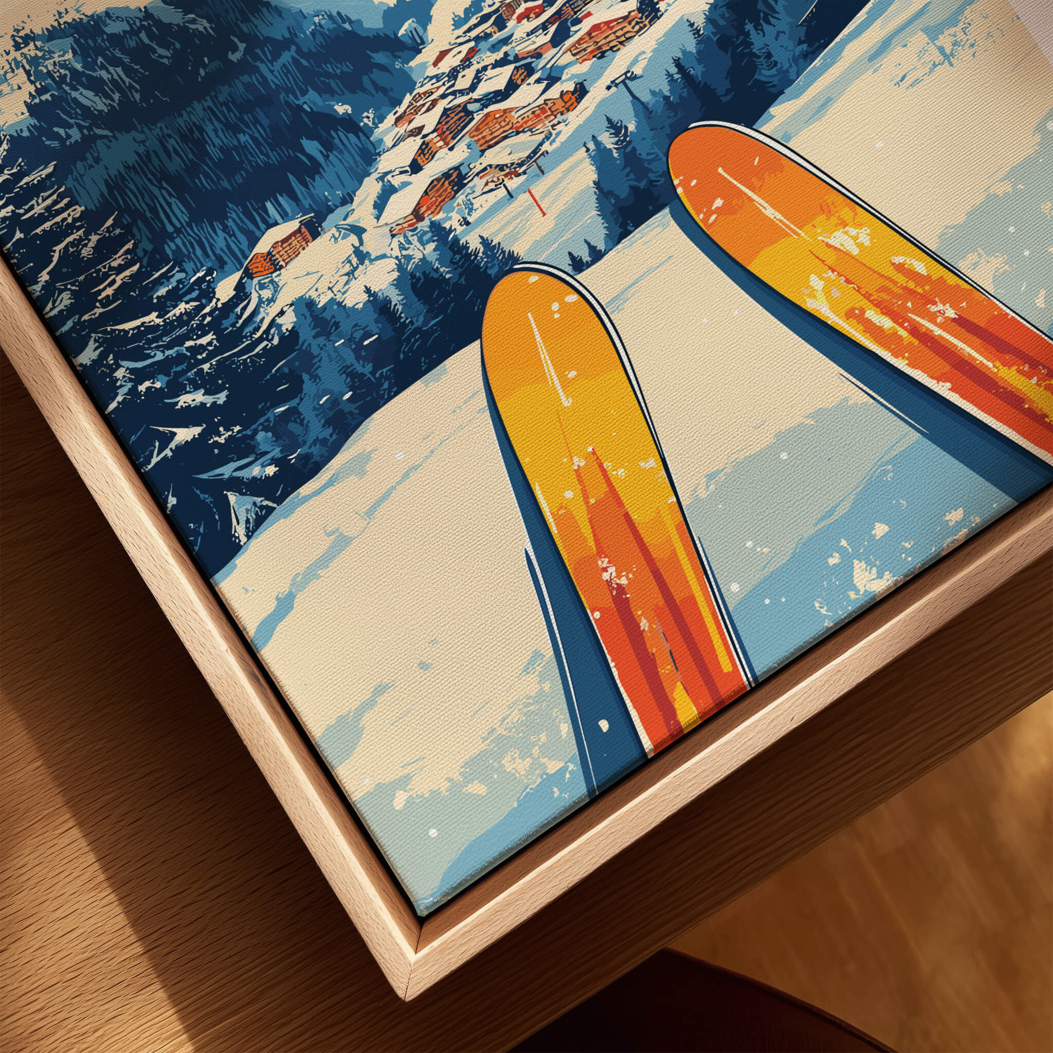 Ischgl Ski Wall Art Print featuring vibrant skis and a scenic mountain backdrop.