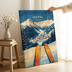Ischgl Ski Wall Art Print featuring a mountain landscape with skiers and beautiful colors, perfect for home decor.