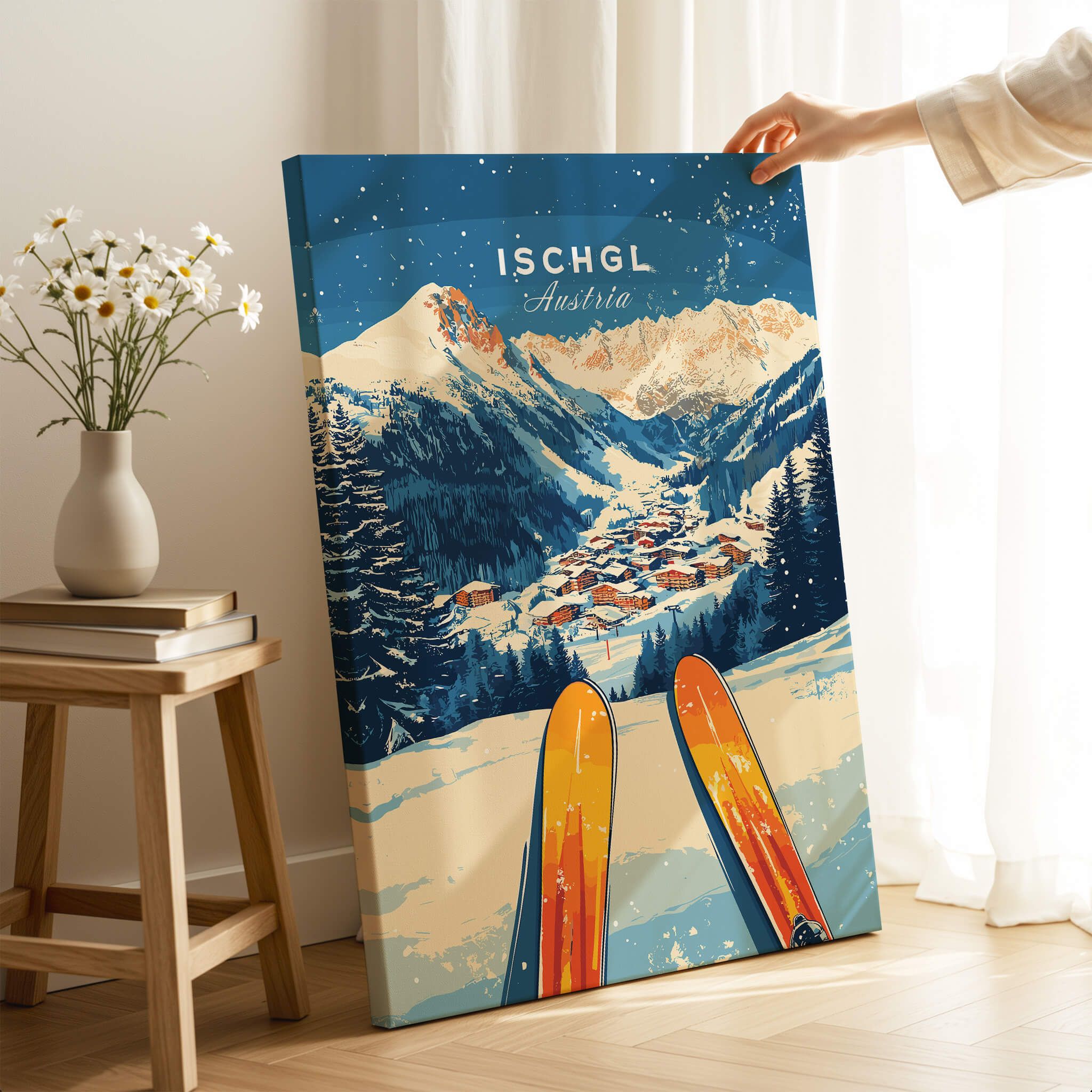 Ischgl Ski Wall Art Print featuring a mountain landscape with skiers and beautiful colors, perfect for home decor.