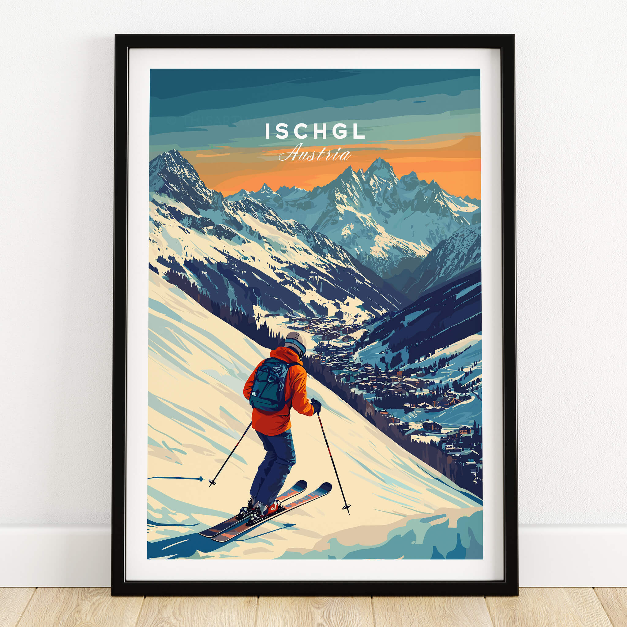 Ski Print Ischgl Austria featuring a skier on the slopes with stunning mountain scenery.