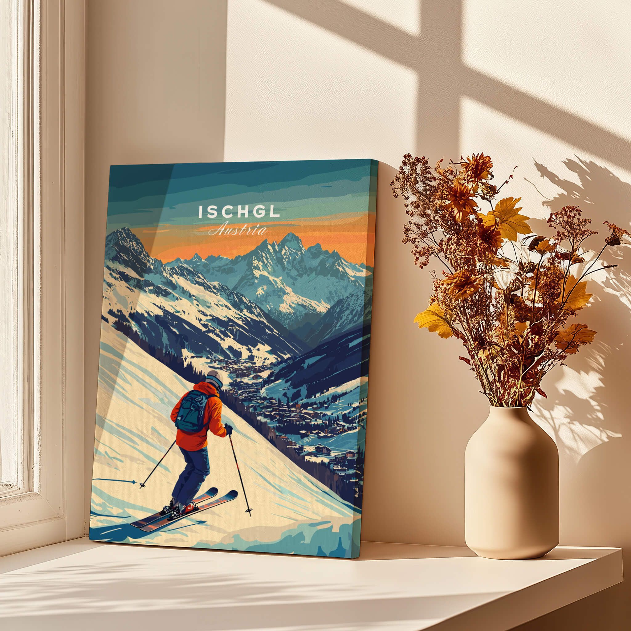 Ski Print Ischgl Austria showcasing a skier in a vibrant mountain landscape.