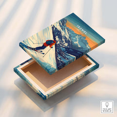Ski Print Ischgl Austria artwork on a decorative box showcasing a skier in the Austrian mountains.