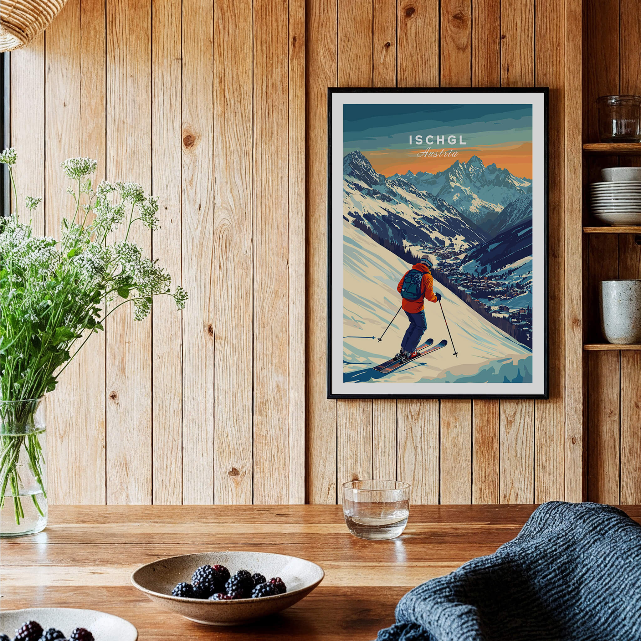 Ski Print Ischgl Austria showcasing vibrant mountain scenery and skier decor in a rustic setting.