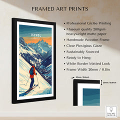 Ski Print Ischgl Austria framed print featuring vibrant colors and skiing mountain scenery.