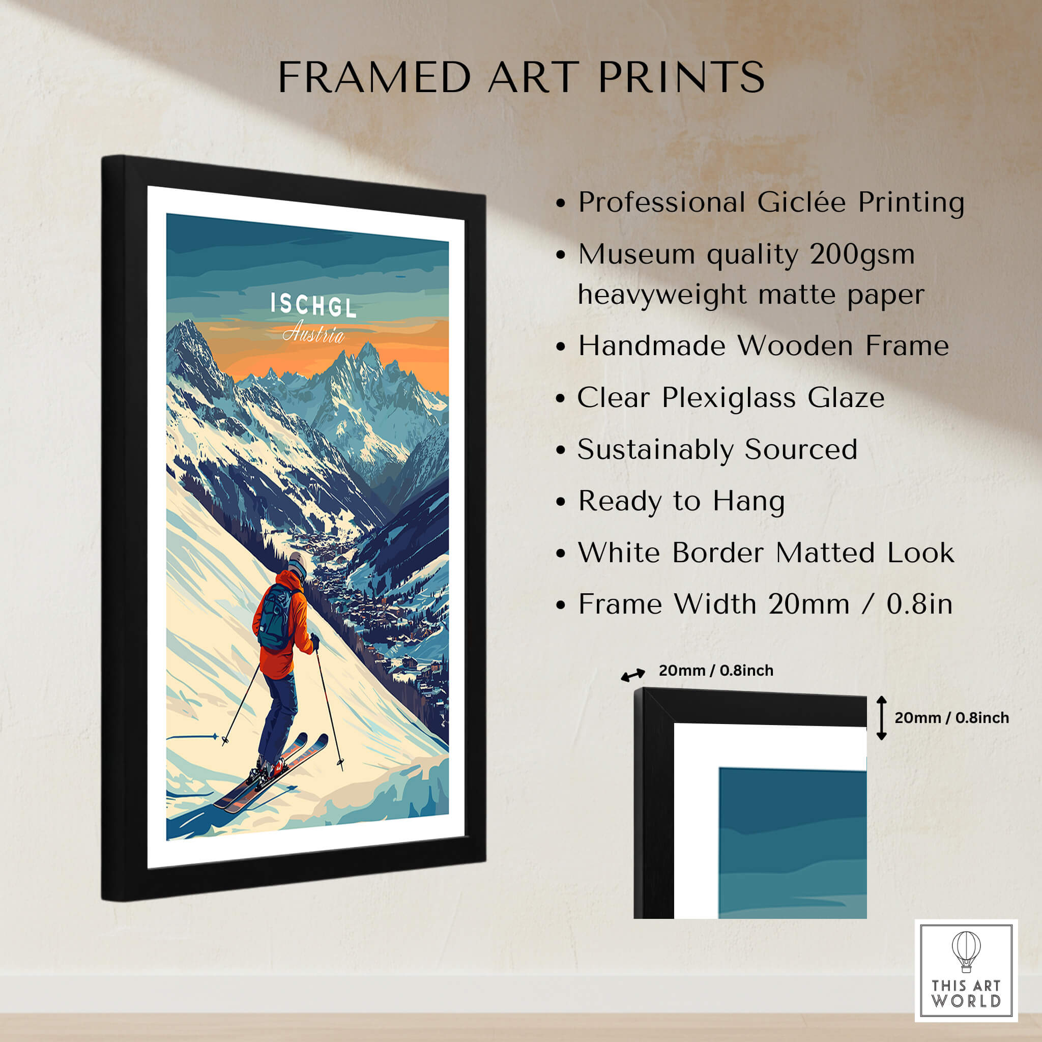 Ski Print Ischgl Austria framed print featuring vibrant colors and skiing mountain scenery.