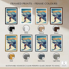 Ski Print Ischgl Austria framed prints in various colors including black, white, natural, brown, gold, silver, dark grey, and light grey.