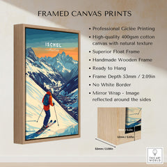 Ski Print Ischgl Austria framed canvas print showcasing vibrant skiing scene with mountains and professional giclée printing.
