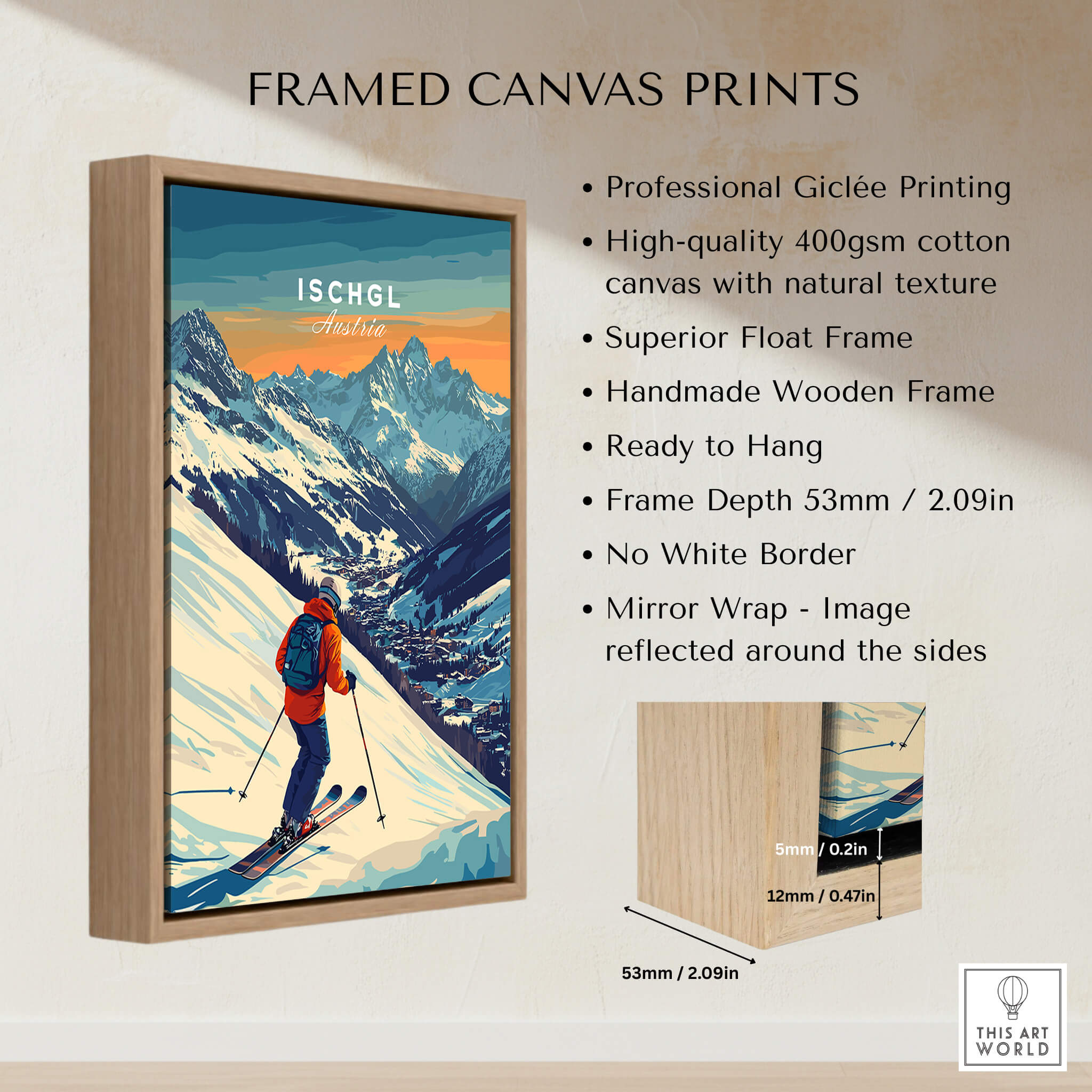 Ski Print Ischgl Austria framed canvas print showcasing vibrant skiing scene with mountains and professional giclée printing.