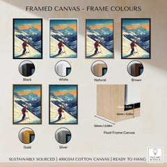 Ski Print Ischgl Austria framed canvas options in various colors including black, white, natural, brown, gold, and silver.