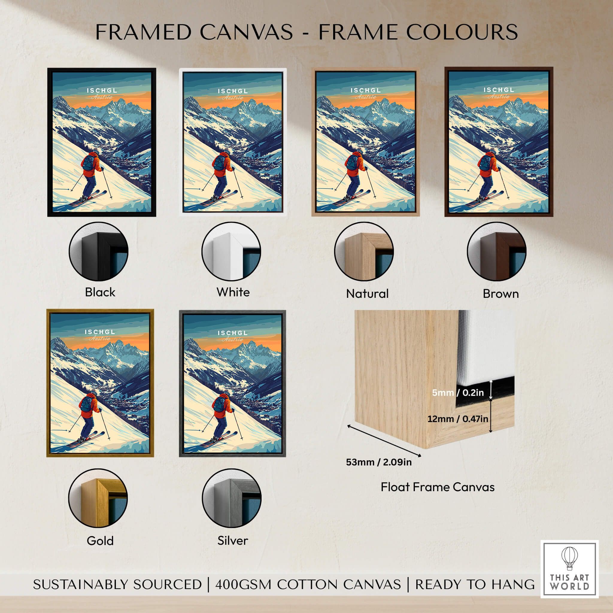 Ski Print Ischgl Austria framed canvas options in various colors including black, white, natural, brown, gold, and silver.