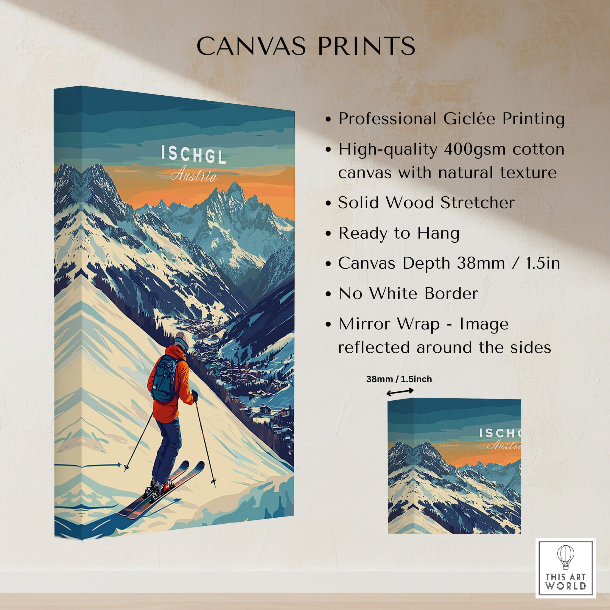 Ski Print Ischgl Austria showcasing vibrant skiing scene on canvas.