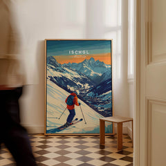 Ski Print Ischgl Austria showcasing a skier in the scenic landscape of Ischgl, Austria, perfect for mountain and ski lovers.