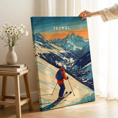 Ski Print Ischgl Austria showcasing a skier on a mountain slope with stunning scenery and vibrant colors.