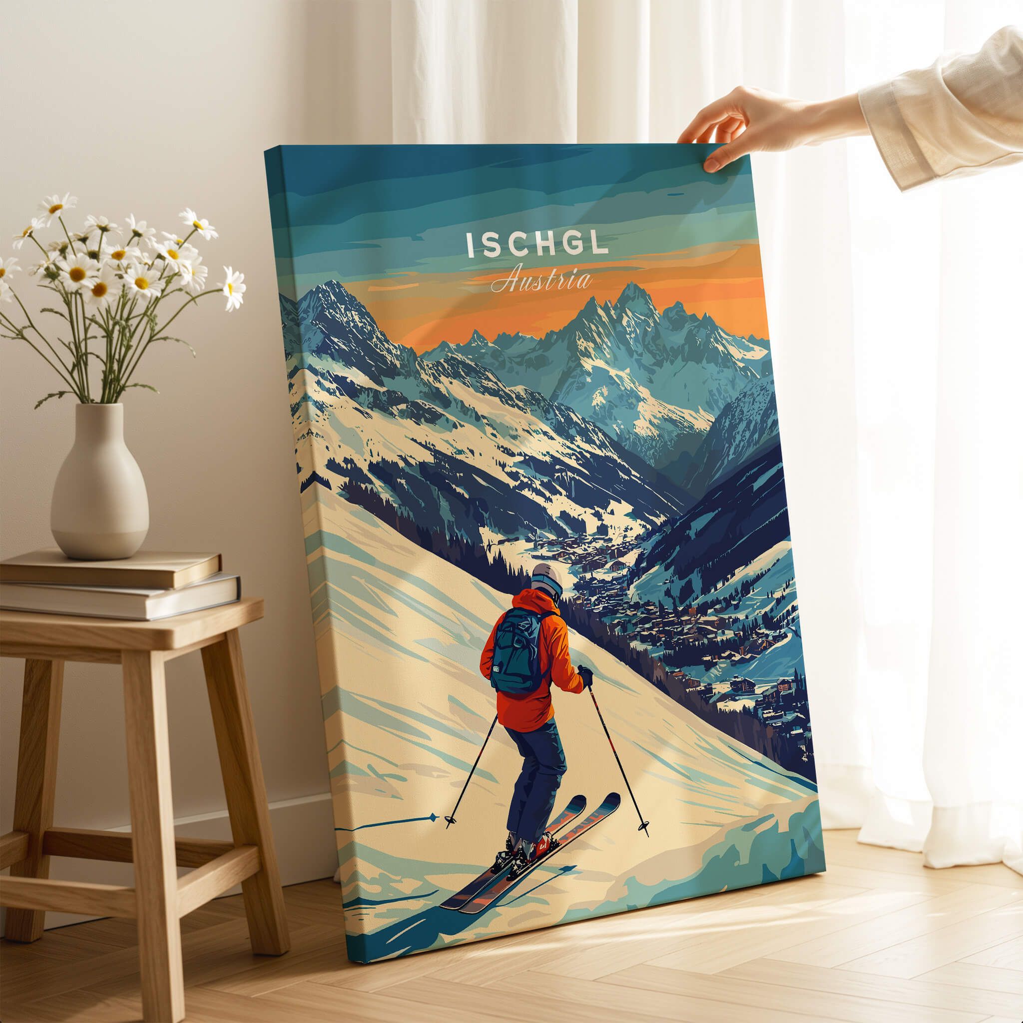 Ski Print Ischgl Austria showcasing a skier on a mountain slope with stunning scenery and vibrant colors.