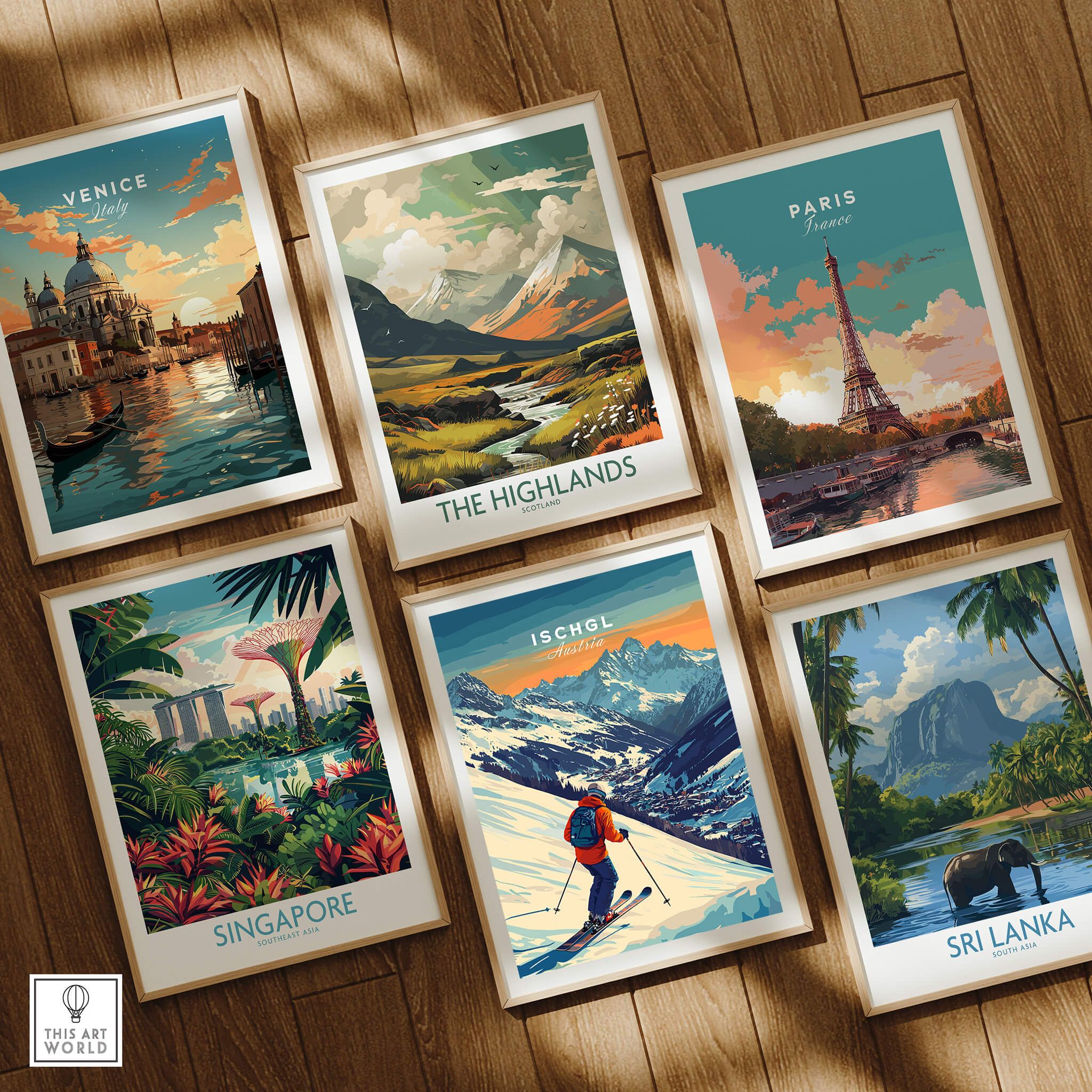 Ski Print Ischgl Austria featured among travel art prints of Venice, Paris, Singapore, and Sri Lanka.