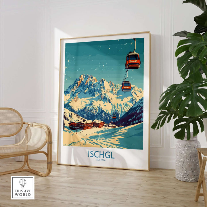 Ischgl Ski Poster showcasing a snowy mountain landscape and ski lift, perfect for winter sports enthusiasts' decor.