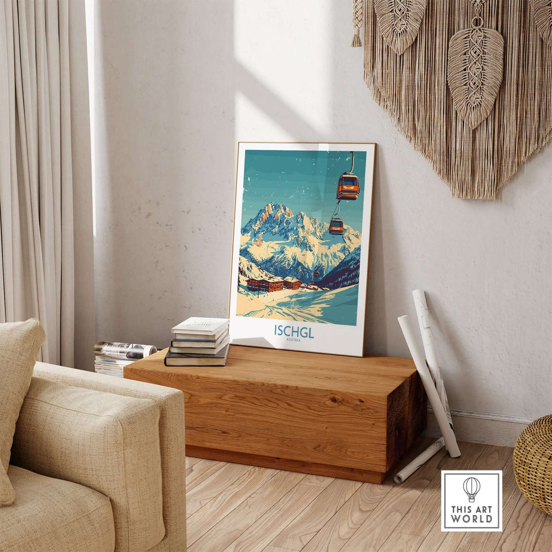 Ischgl ski poster displayed in a cozy room with mountain scenery, inspiring winter sports adventures.