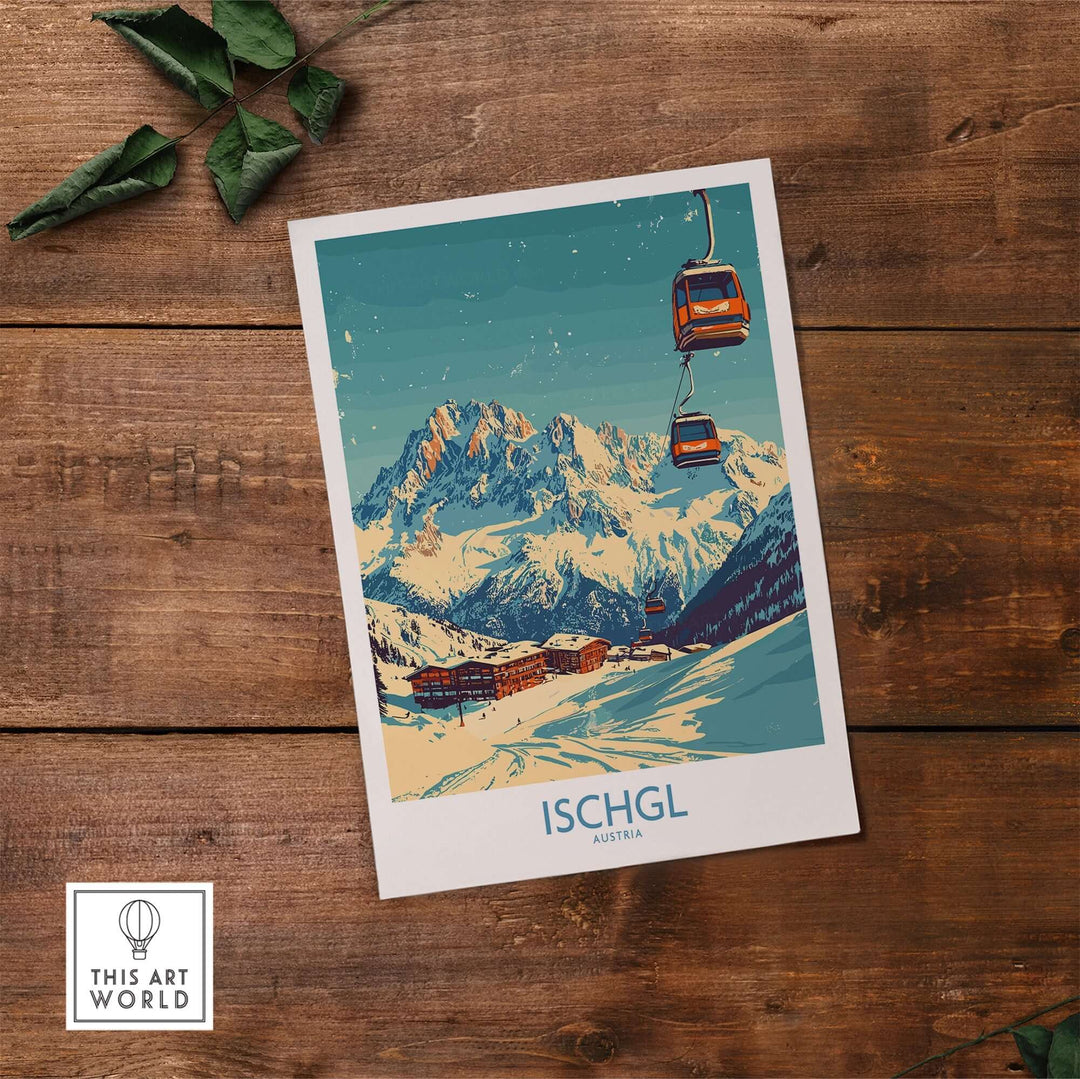 Ischgl ski poster featuring gondolas and snowy mountains, perfect for winter sports enthusiasts and home decor.