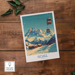 Ischgl ski poster featuring gondolas and snowy mountains, perfect for winter sports enthusiasts and home decor.