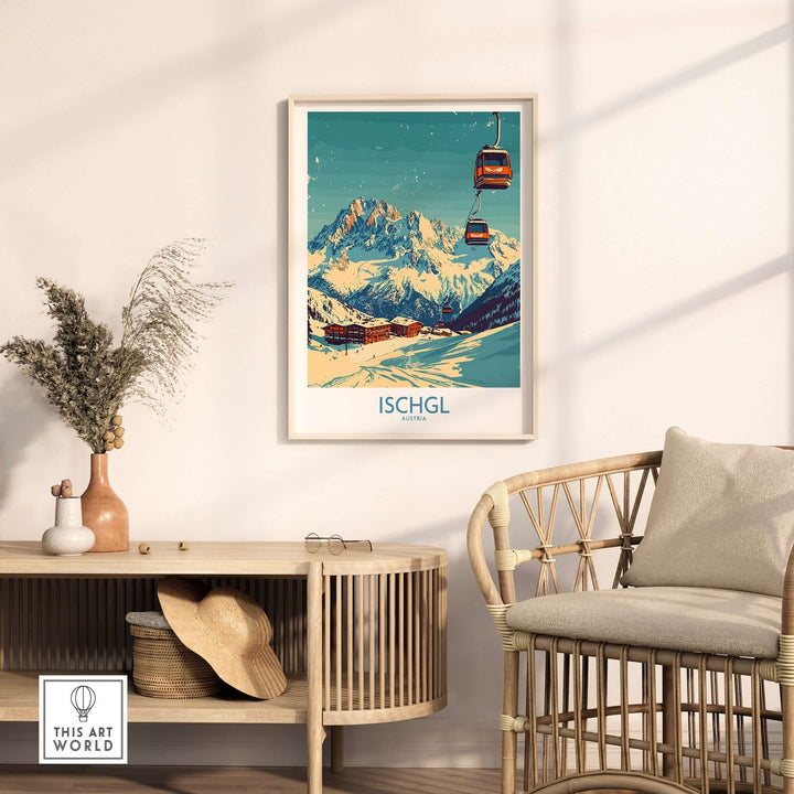 Ischgl Ski Poster showcasing a scenic view of the slopes and gondola, perfect for winter sports enthusiasts' decor.