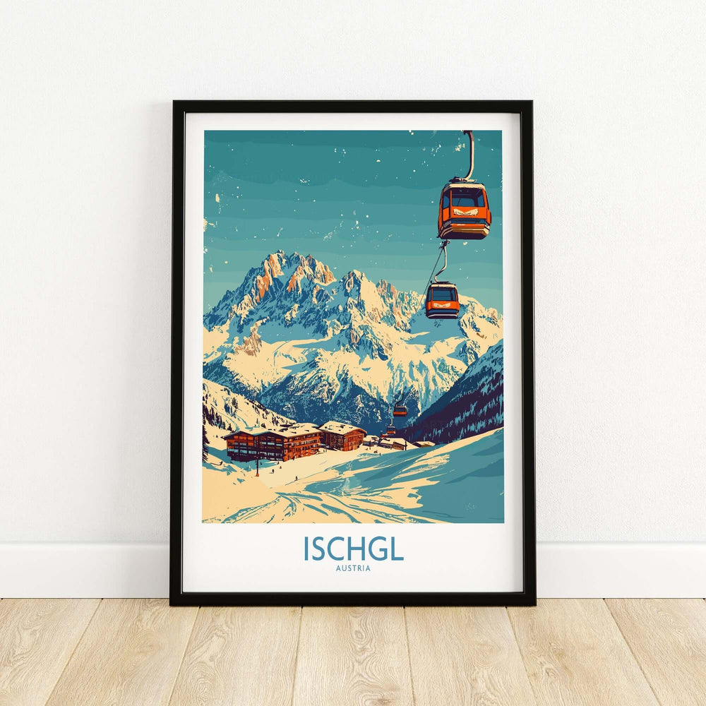 Ischgl ski poster featuring a scenic mountain landscape and ski lifts, perfect for winter sports enthusiasts.