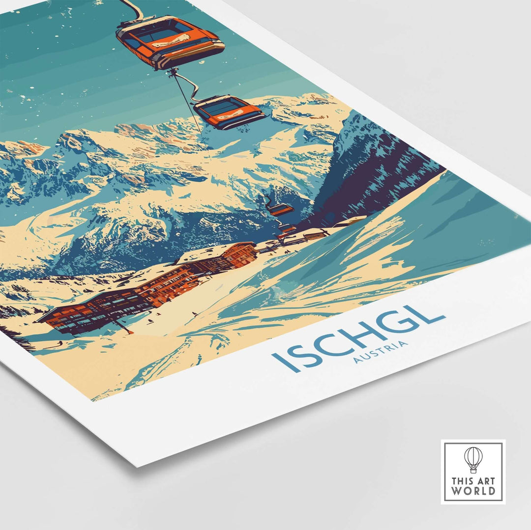 Ischgl Ski Poster featuring a scenic ski resort landscape with gondolas and mountains, perfect for winter sports enthusiasts.