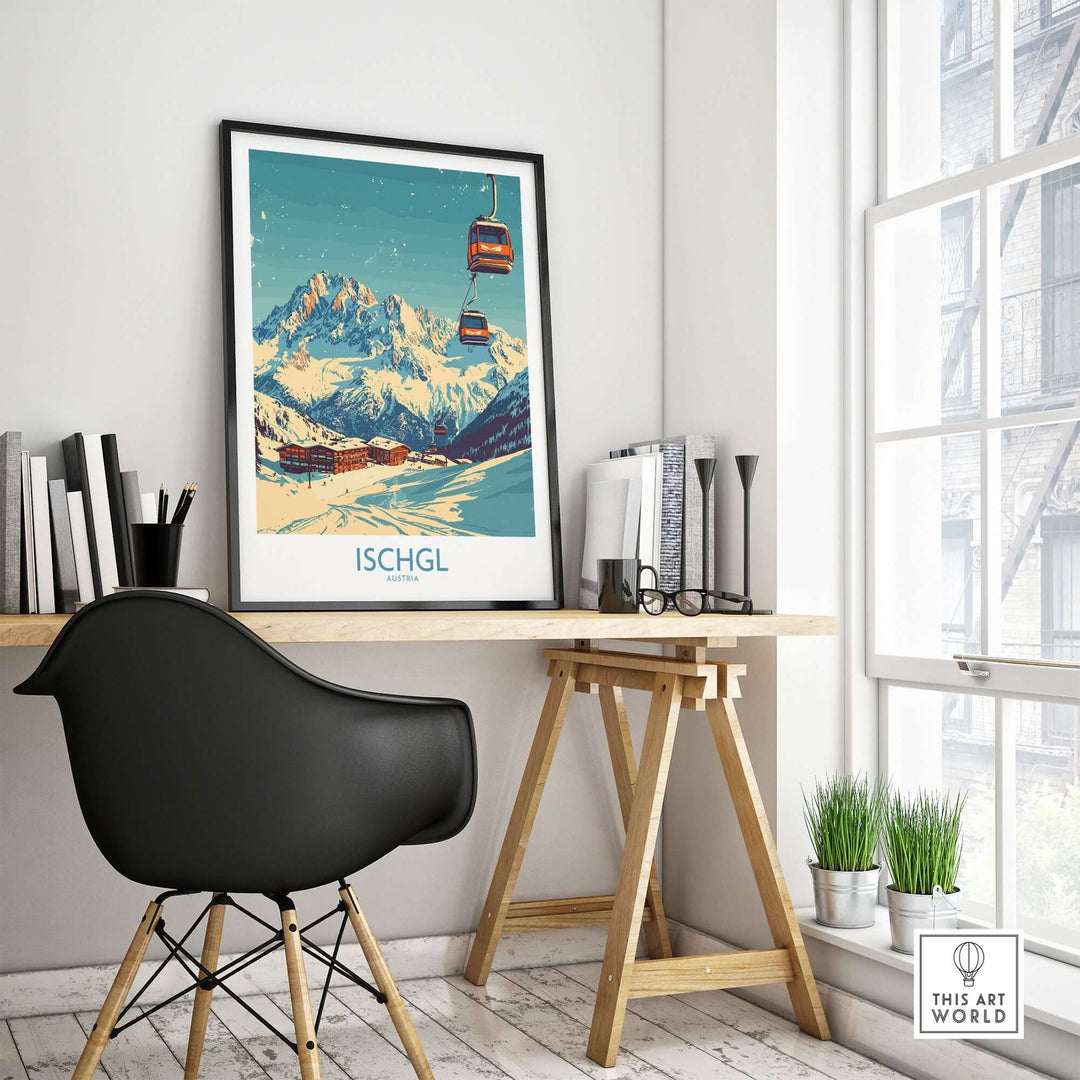 Ischgl ski poster displayed in a stylish home office, showcasing mountains and a ski lift, inspiring winter sports adventures.