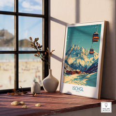 Ischgl Ski Poster displayed on a wooden table near a window, showcasing a snowy mountain landscape and ski gondolas.