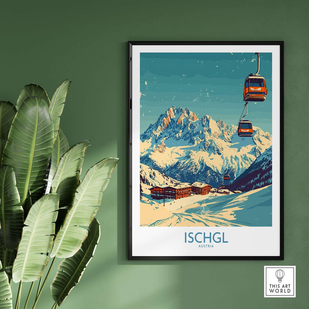 Ischgl ski poster featuring snowy mountains and a ski lift, perfect for winter sports enthusiasts' decor.