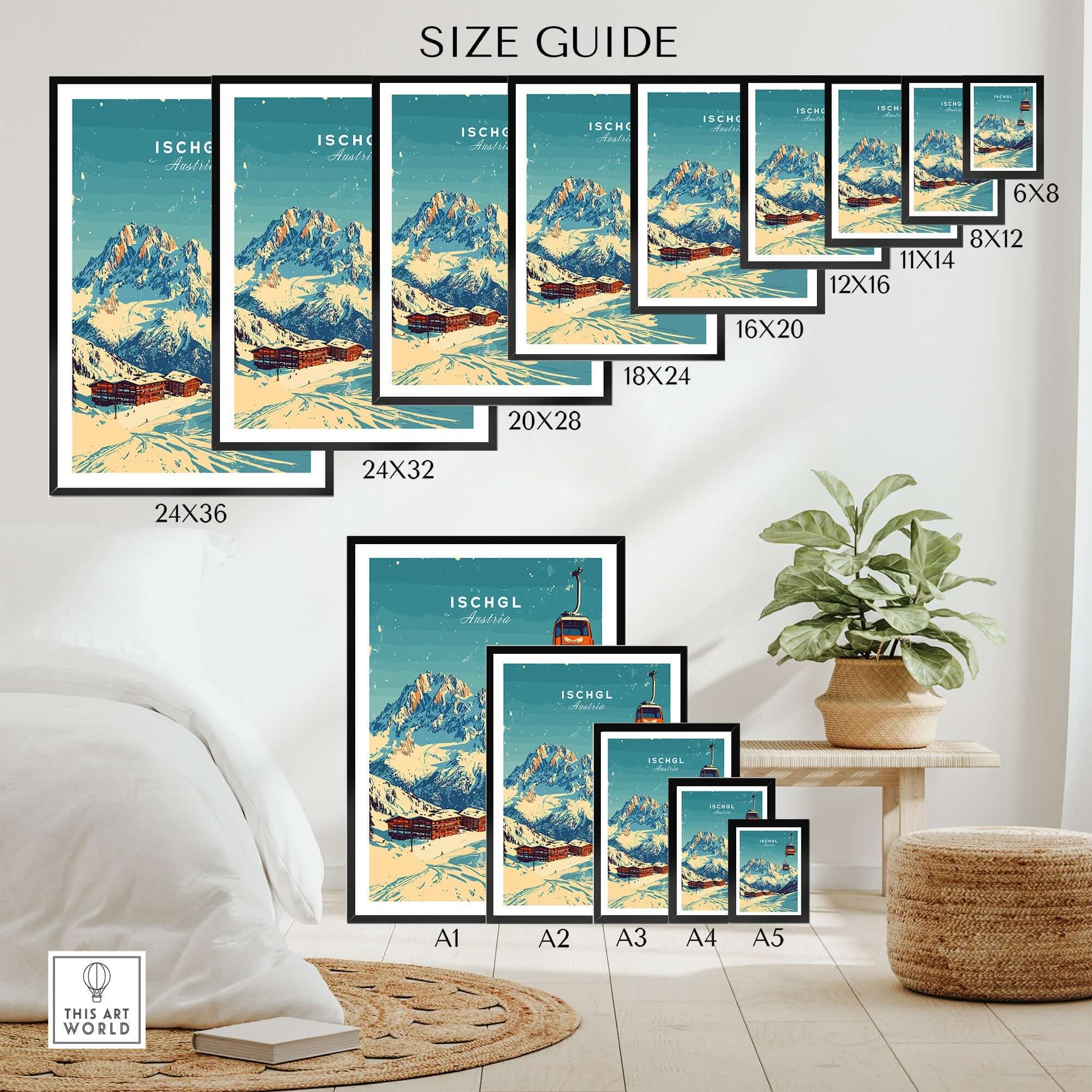 Size guide for Ischgl Ski Print showcasing various frame sizes and options in a stylish setting.