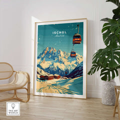Ischgl ski print showcasing a scenic view of Austria's mountains and gondolas, perfect for home decor.