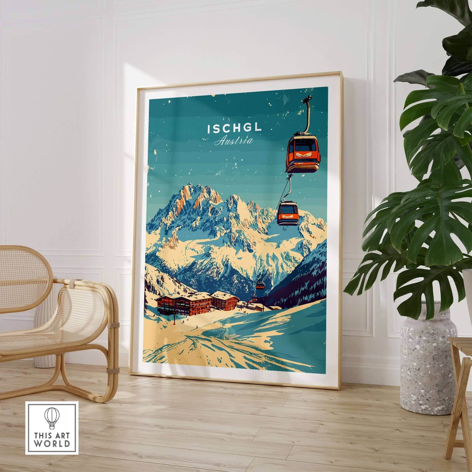 Ischgl ski print showcasing a scenic view of Austria's mountains and gondolas, perfect for home decor.